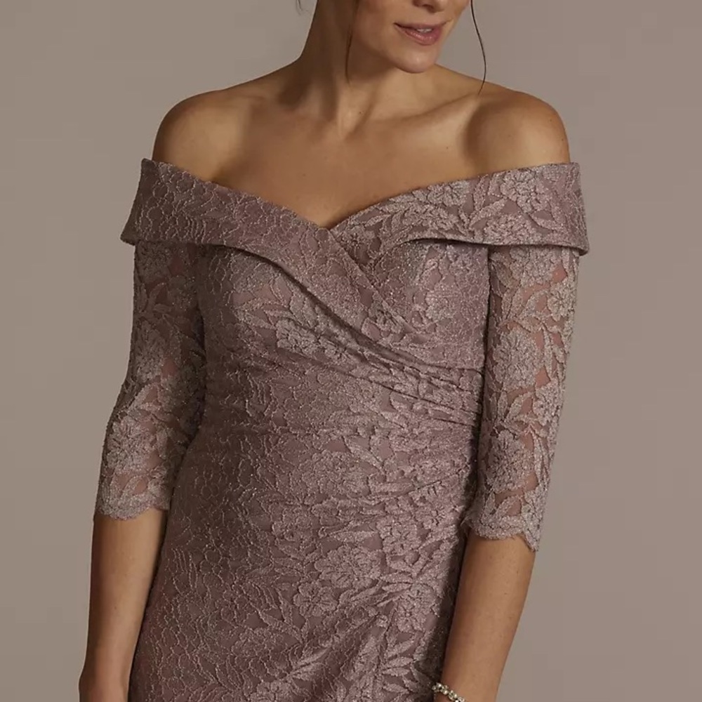 NWT Oleg Cassini Off-Shoulder Elegant V Neck Ruched Lace Dress Gown Wedding MOTB - Picture 2 of 14